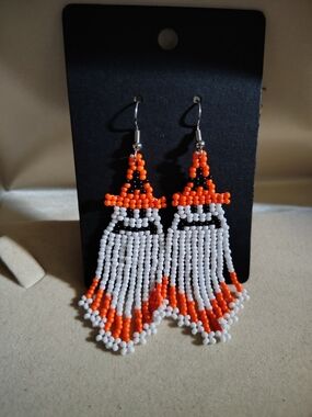 🧙 New Handmade Orange and White Beaded Fringe Earrings - Women's Jewelry 🧙